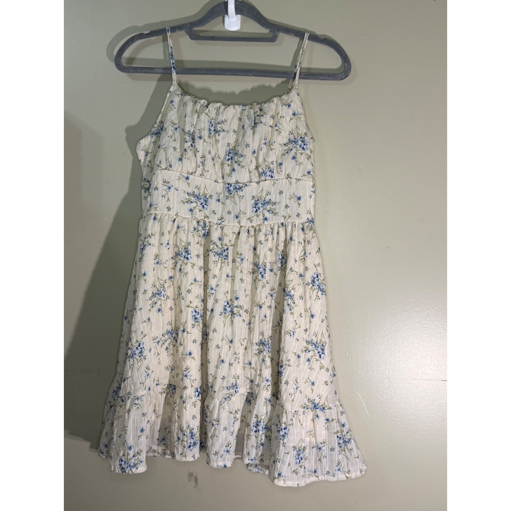Blue Floral Smocked Back Mini Sun Dress Cream Textured Ruffle Hem Sleeveless